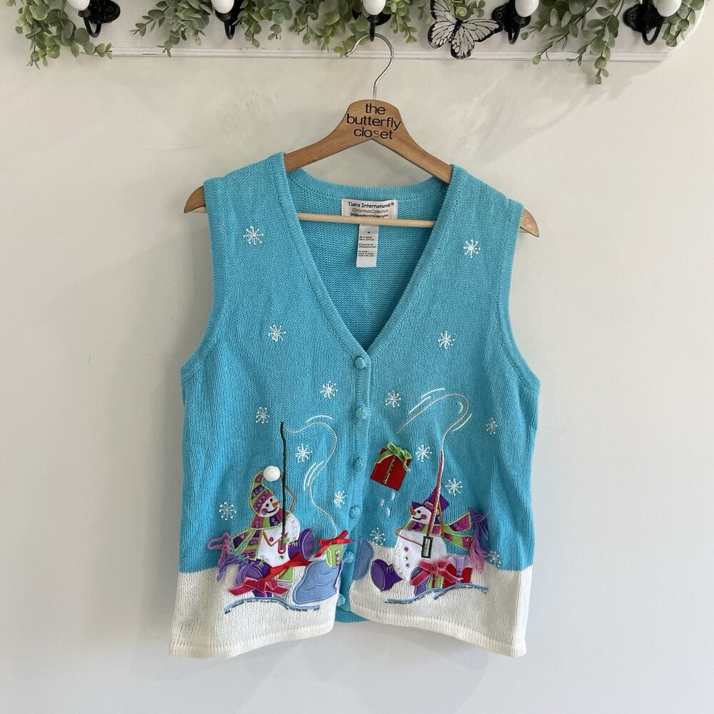 winter snowman embroidered blue vintage sweater vest by tiara international M